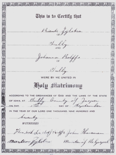RIENK ZYLSTRA and JOHANNA Rolffs marriage certificate